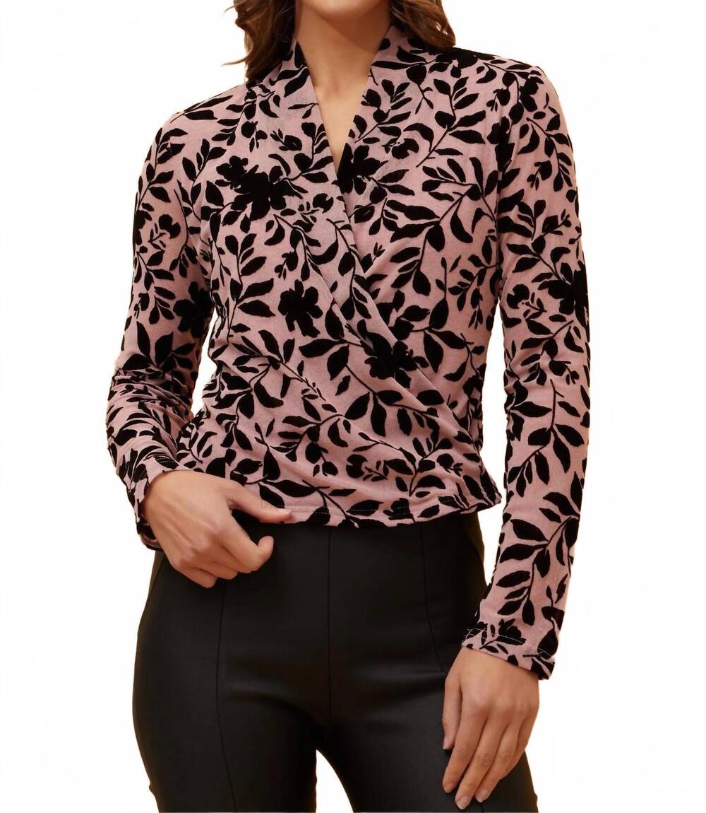 NEW PAPILLON velvet flocked stretch wrap top in blush